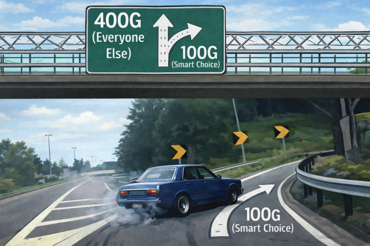 Highway offramp meme with 400G ahead and 100G to the right