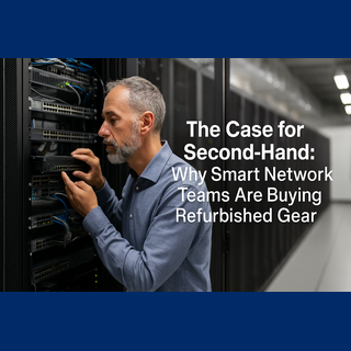 Engineer examining refurbished hardware in a network rack with caption.