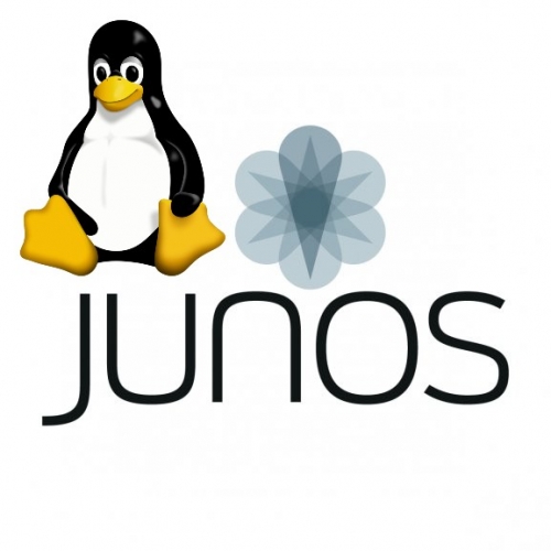 Linux Tux logo and Juniper JunOS logo