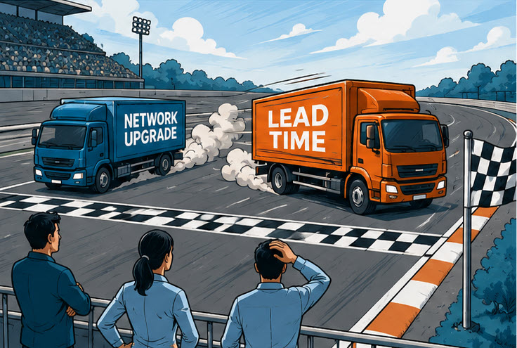 Illustration showing lead time delaying a network upgrade project.