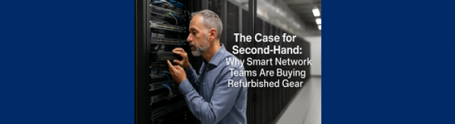 Technician inspecting network switches in a data center with caption.